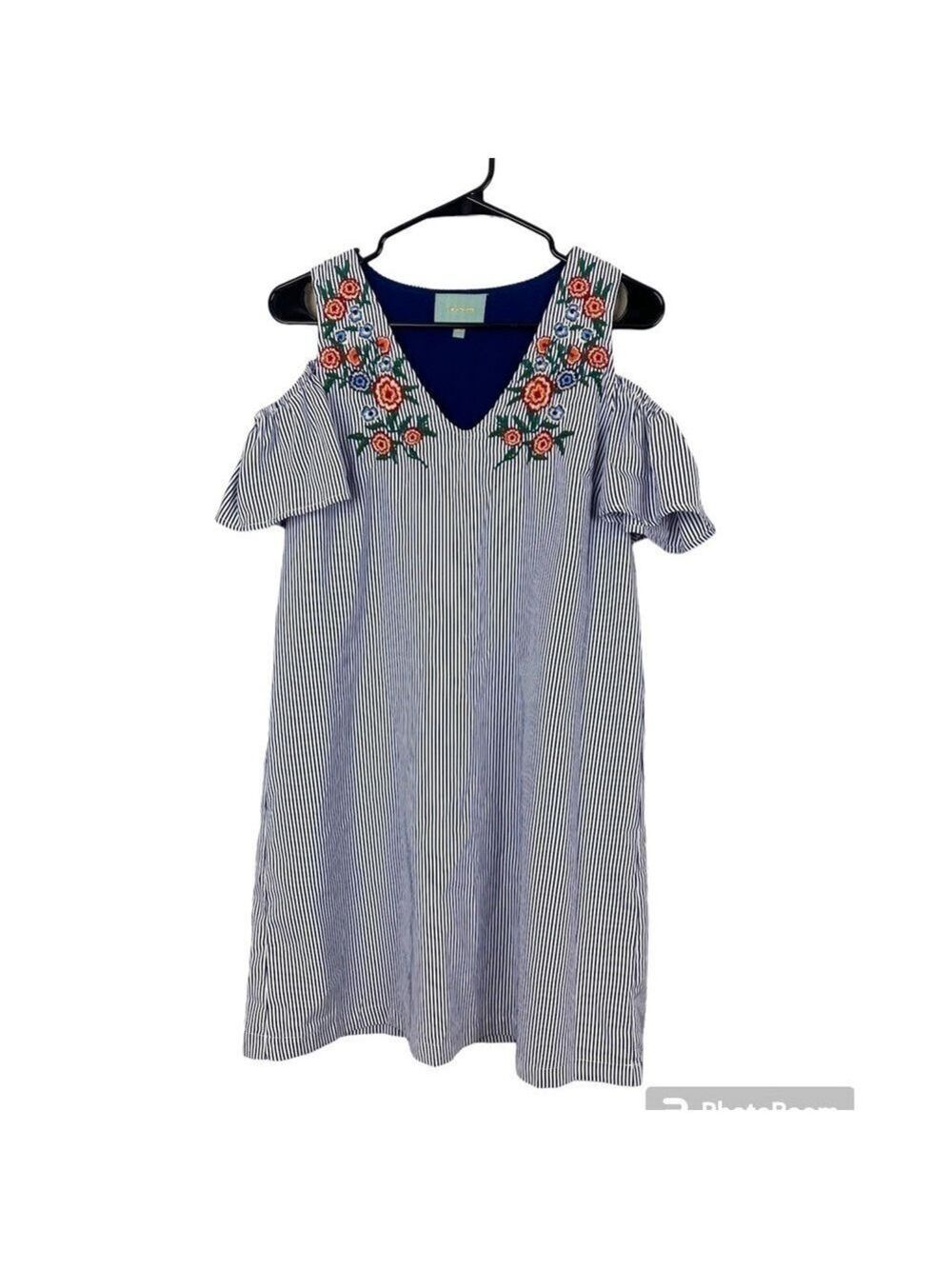 SKIES ARE BLUE MIDI DRESS SMALL COLD SHOULDER NAVY STRIPE FLOWER EMBROIDERY